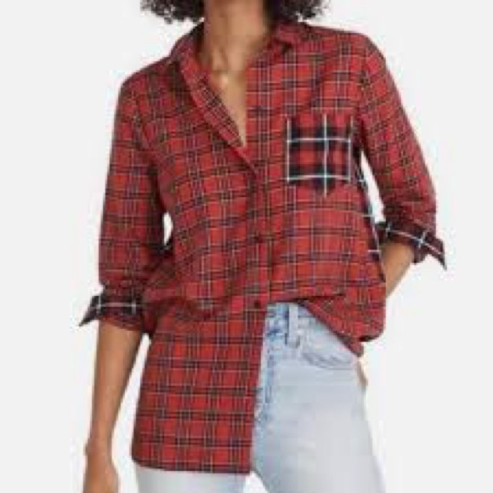 Madewell - Classic Ex Boyfriend Red Black Plaid Patchwork Button Down Blouse SM